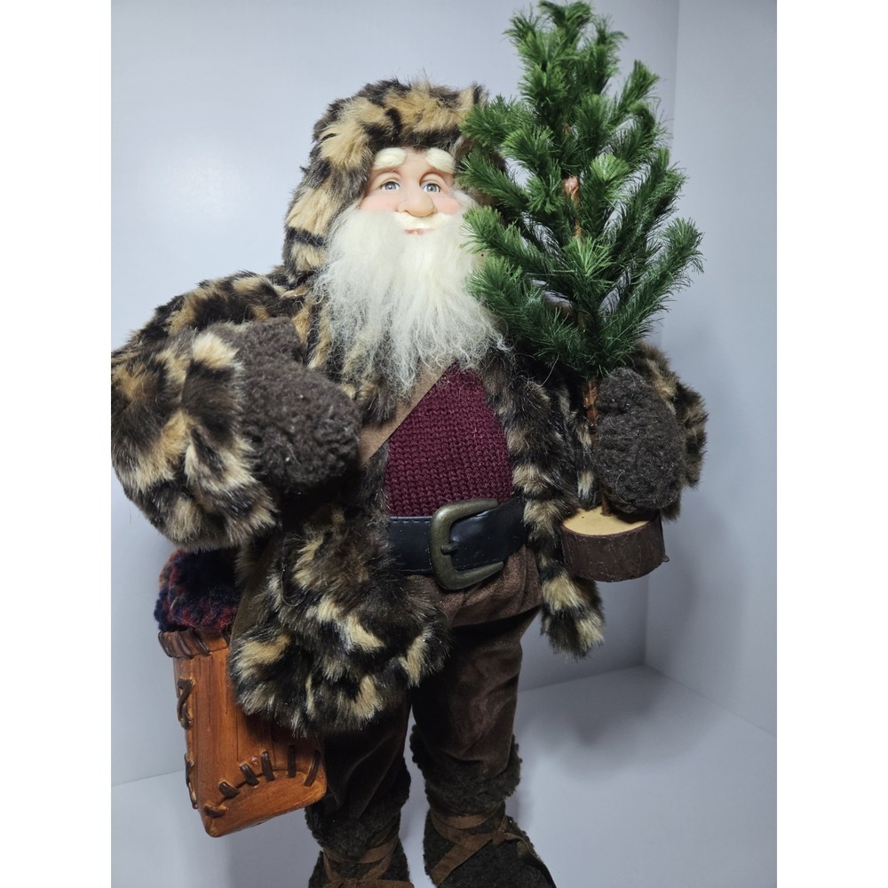 Woodland Santa Claus Figurine Leopard Print Faux‎ Fur Coat Christmas Tree Rustic - Picture 3 of 8